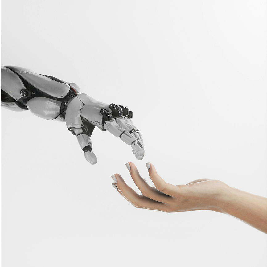 a human hand holding a robot hand